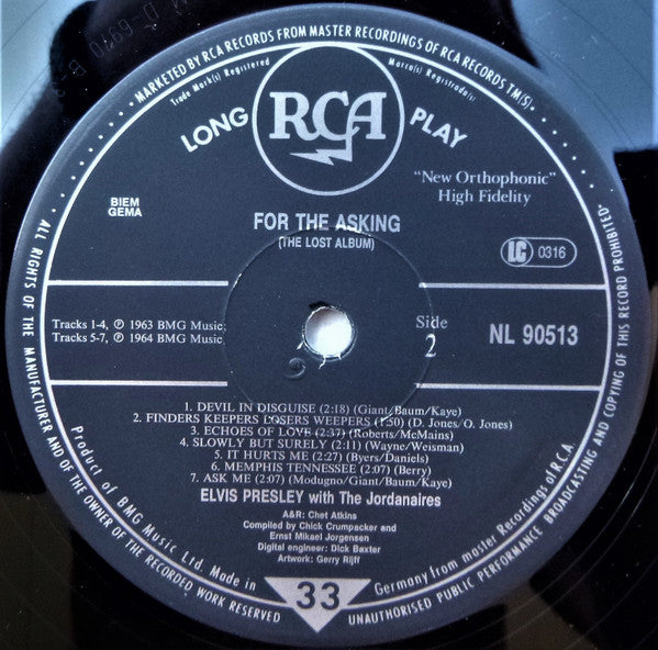 Elvis Presley : For The Asking (The Lost Album) (LP, Album, Comp)