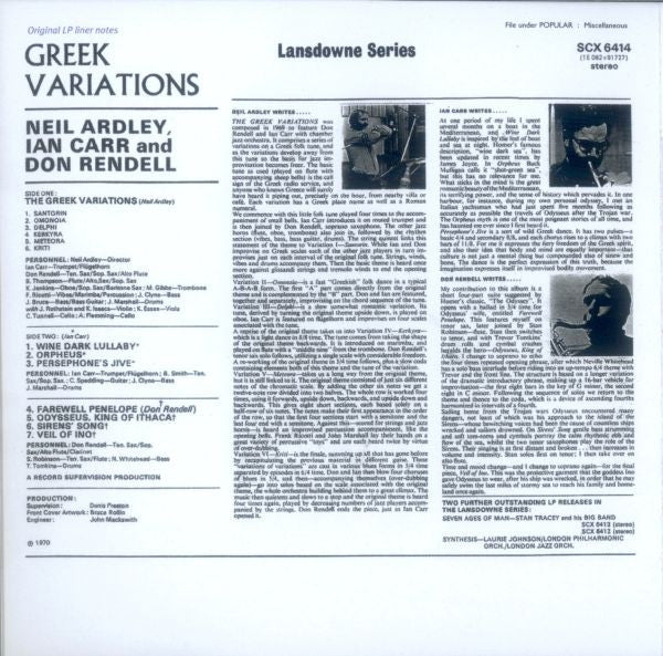 Neil Ardley / Ian Carr / Don Rendell : Greek Variations &amp; Other Aegean Exercises (CD, Album, RE)