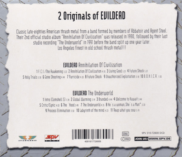 Evildead : 2 Originals Of Evildead (Annihilation Of Civilization / The Underworld) (CD, Album, RE + CD, Album, RE + Comp)