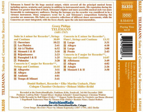 Georg Philipp Telemann / Daniel Rothert, Elke Martha Umbach, Cologne Chamber Orchestra*, Helmut Müller-Brühl : Recorder Suite / Recorder Concertos (CD)