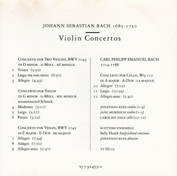 Bach* - Scottish Ensemble*, Jonathan Rees : Violin Concertos (CD, Album)