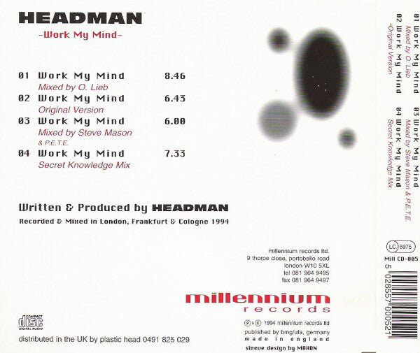 Headman : Work My Mind (CD, Single)