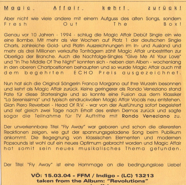 Magic Affair : Fly Away (La Serenissima) (CD, Maxi, Enh)