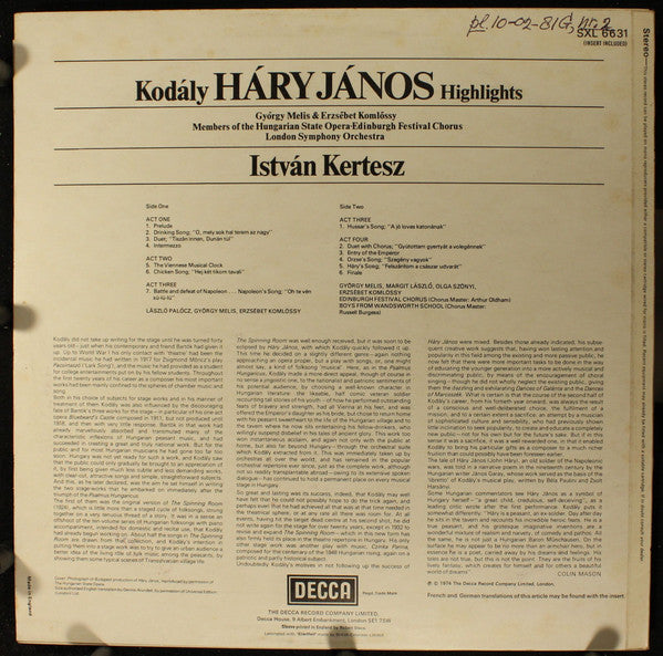 Kodály*, István Kertész : Hary Janos Highlights (LP)