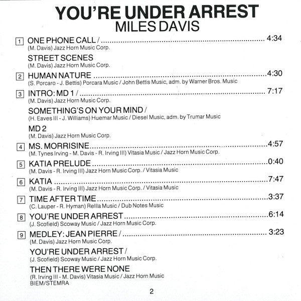 Miles Davis : You're Under Arrest (CD, Album, RE, RP)