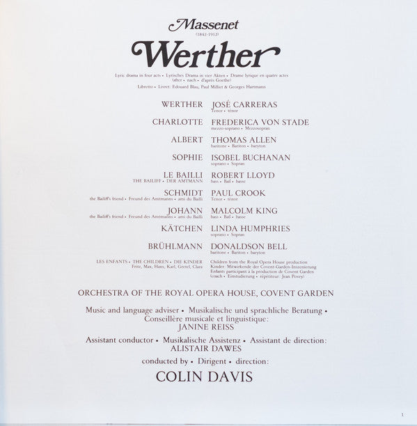 Massenet* - Carreras*, Von Stade*, Allen*, Buchanan*, Lloyd*, Orchestra Of The Royal Opera House, Covent Garden, Colin Davis* : Werther (3xLP, Album + Box)