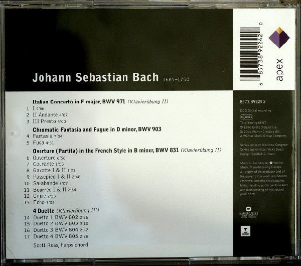 J.S. Bach*, Scott Ross (4) : Italian Concerto / Chromatic Fantasia And Fugue / Overture (Partita) In The French Style / 4 Duets (CD, Album, RE)