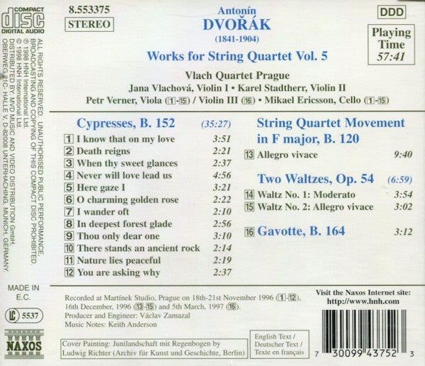 Dvořák*, Vlach Quartet Prague : Works For String Quartet: Cypresses • Quartet Movement In F Major • Two Waltzes • Gavotte (CD, Album)