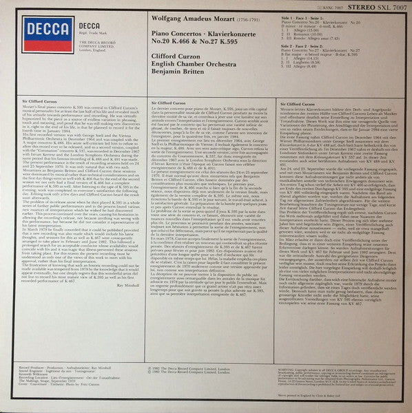 Clifford Curzon, Benjamin Britten, Mozart*, English Chamber Orchestra : Piano Concertos No.20 K.466 &amp; No.27 K.595 (LP, Album)