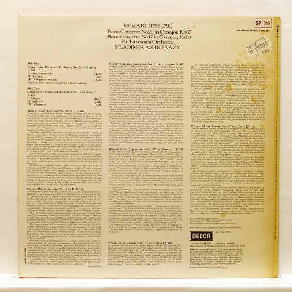 Mozart* - Philharmonia Orchestra, Vladimir Ashkenazy : Piano Concerto No.21,K.467 / Piano Concerto No.17,K.453 (LP)
