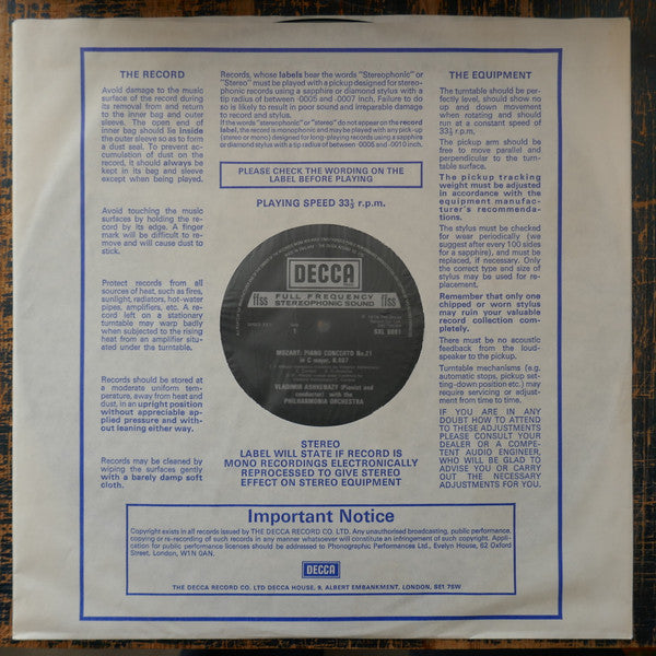 Mozart* - Philharmonia Orchestra, Vladimir Ashkenazy : Piano Concerto No.21,K.467 / Piano Concerto No.17,K.453 (LP)