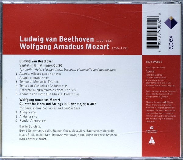 Beethoven*, Mozart* - Berlin Soloists* : Septet / Horn Quintet (CD, Album, RE)