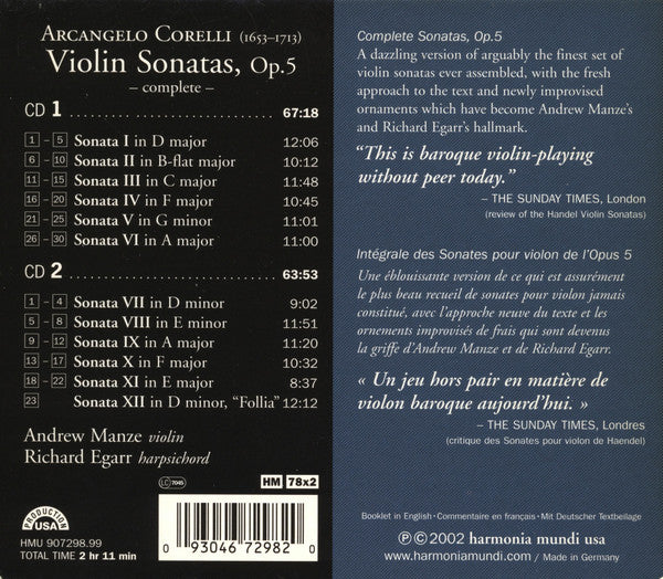 Arcangelo Corelli - Andrew Manze, Richard Egarr : Violin Sonatas, Op.5 (2xCD, Album)