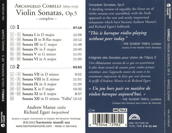 Arcangelo Corelli - Andrew Manze, Richard Egarr : Violin Sonatas, Op.5 (2xCD, Album)