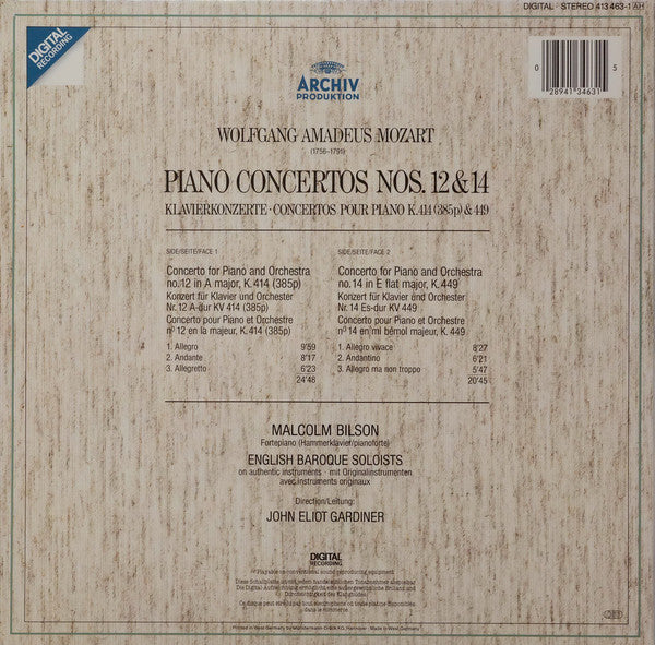 Wolfgang Amadeus Mozart - Malcolm Bilson • The English Baroque Soloists • John Eliot Gardiner : Piano Concertos Nos. 12 &amp; 14 • Klavierkonzerte • Concertos Pour Piano K.414 &amp; K.449 (LP, Album, Gat)