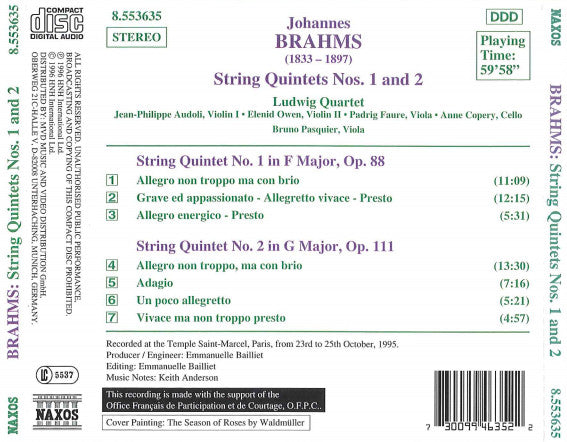 Brahms* - Ludwig Quartet* : String Quintets Nos. 1 And 2 (CD, Album)