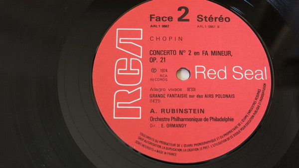 Frédéric Chopin, Arthur Rubinstein, Orchestre Philharmonique De Philadelphie*, E. Ormandy* : Concerto No. 2 En Fa Mineur, Op. 21/ Grande Fantaisie Sur Des Airs Polonais, Op. 13 (LP, Album, RE, Gat)