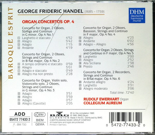 Georg Friedrich Haendel* - Rudolf Ewerhart, Collegium Aureum : Organ Concertos Op. 4 (CD, Comp)