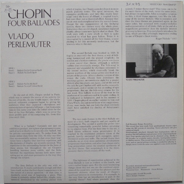 Chopin* / Vlado Perlemuter : Ballades (LP, Quad, QS)
