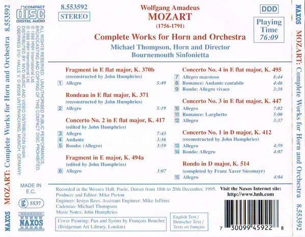 Mozart* - Michael Thompson (2), Bournemouth Sinfonietta : Complete Works For Horn And Orchestra (CD, Album)