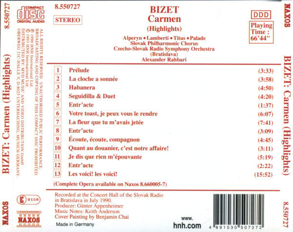 Bizet* : Alperyn* • Lamberti* • Titus* • Palade* • Czecho-Slovak Radio Symphony Orchestra (Bratislava)* • Alexander Rahbari : Carmen (Highlights) (CD)