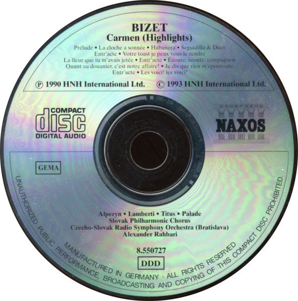 Bizet* : Alperyn* • Lamberti* • Titus* • Palade* • Czecho-Slovak Radio Symphony Orchestra (Bratislava)* • Alexander Rahbari : Carmen (Highlights) (CD)