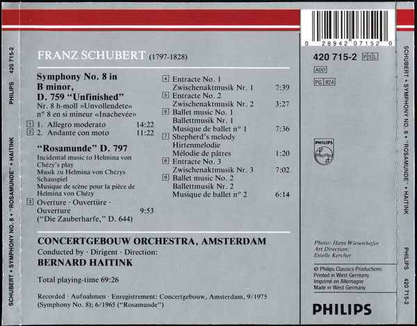 Schubert* - Concertgebouw Orchestra, Amsterdam*, Bernard Haitink : Symphony No. 8 "Unfinished" / "Rosamunde" Incidental Music (CD, Comp, RE, RM)