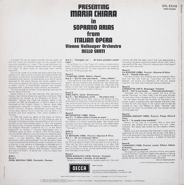 Maria Chiara, Vienna Volksoper Orchestra*, Nello Santi : Presenting Maria Chiara In Soprano Arias From Italian Opera (LP)