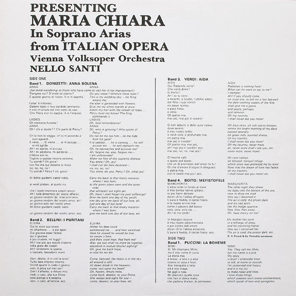 Maria Chiara, Vienna Volksoper Orchestra*, Nello Santi : Presenting Maria Chiara In Soprano Arias From Italian Opera (LP)