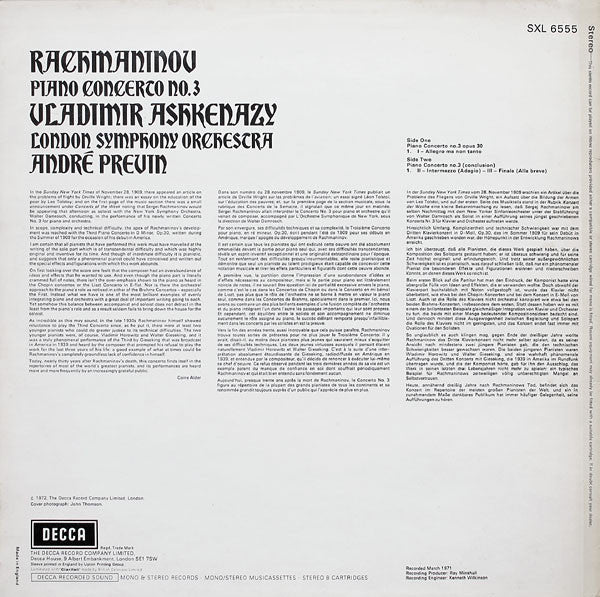 Rachmaninov*, Vladimir Ashkenazy, London Symphony Orchestra, André Previn : Piano Concerto No.3 (LP)