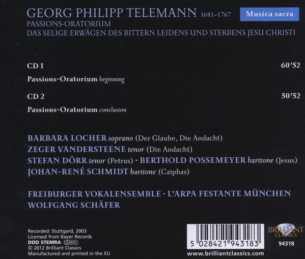 Telemann* - Freiburger Vokalensemble, L'Arpe Festante München* : Passions-Oratorium: Das Selige Erwägen Des Bittern Leidens Und Sterbens Jesu Christi (2xCD, Album, RE)