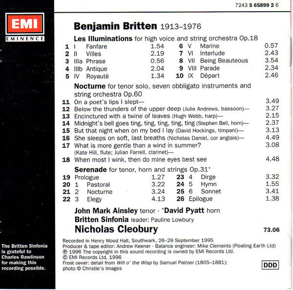 Britten* - John Mark Ainsley, David Pyatt, Britten Sinfonia, Nicholas Cleobury : Serenade For Tenor, Horn And Strings / Les Illuminations / Nocturne (CD, Album)