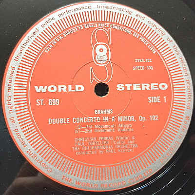 Brahms* - Christian Ferras And Paul Tortelier, Philharmonia Orchestra Conducted By Paul Kletzki : Double Concerto (LP, Album)