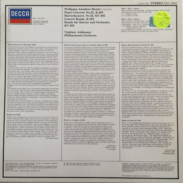 Mozart* - Vladimir Ashkenazy, Philharmonia Orchestra : Piano Concerto No.22, K.482 / Concert Rondo K.382 (LP)