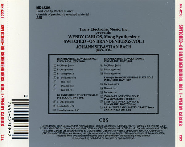 Wendy Carlos : Switched-On Brandenburgs, Vol. I (CD, Album, RE)