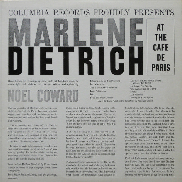 Noel Coward* Introduces Marlene Dietrich : At The Cafe De Paris (LP, Album)