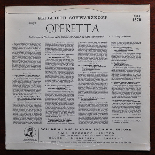 Elisabeth Schwarzkopf / Philharmonia Chorus &amp; Orchestra* Conducted By Otto Ackermann : Elisabeth Schwarzkopf Sings Operetta (LP, Mono)