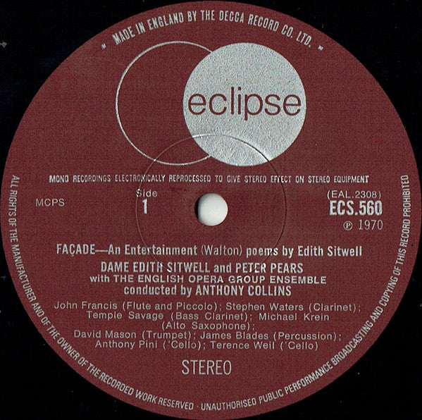 Sir William Walton, Edith Sitwell / Peter Pears, The English Opera Group / Anthony Collins (2) : Façade - An Entertainment (LP, RE, RM)
