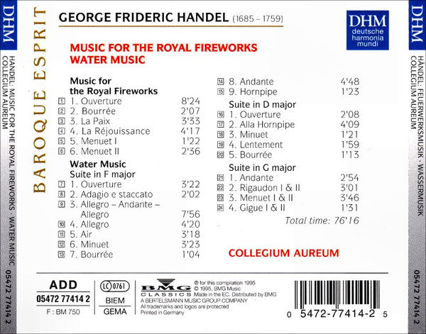 George Frideric Handel* - Collegium Aureum : Music For The Royal Fireworks / Water Music (CD, Comp)