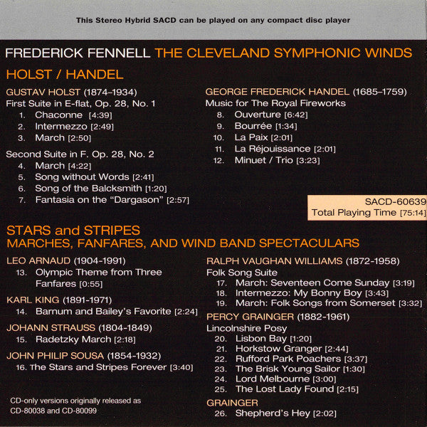 Gustav Holst, Georg Friedrich Händel, John Philip Sousa, Frederick Fennell, The Cleveland Symphonic Winds : Suite No. 1 In E-flat, Suite No. 2 In F, Music For The Royal Fireworks, Stars And Stripes, Marches, Fanfares, And Others (SACD, Hybrid)