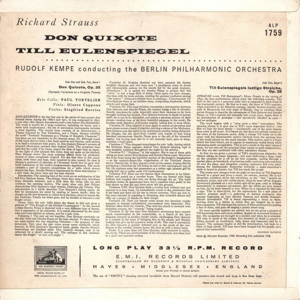 Richard Strauss - Rudolf Kempe, The Berlin Philharmonic Orchestra*, Paul Tortelier, Giusto Cappone : Don Quixote / Till Eulenspiegel (LP, Mono)