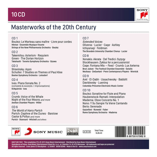 Pierre Boulez · John Cage · George Crumb · Charles Ives · Luigi Nono · Harry Partch · Gunther Schuller · Igor Stravinsky · Toru Takemitsu - Erich Leinsdorf · Bruno Maderna · Seiji Ozawa · Yvonne Minton · John Kirkpatrick : Masterworks Of The 20th Century (10xCD, RM + Box, Comp)
