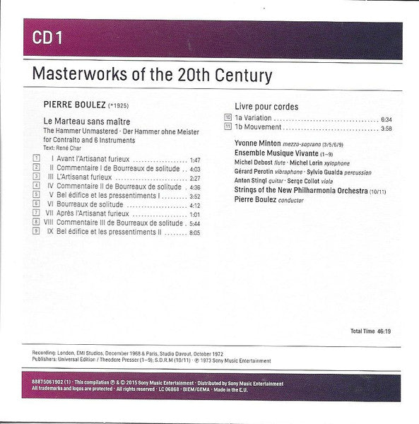 Pierre Boulez · John Cage · George Crumb · Charles Ives · Luigi Nono · Harry Partch · Gunther Schuller · Igor Stravinsky · Toru Takemitsu - Erich Leinsdorf · Bruno Maderna · Seiji Ozawa · Yvonne Minton · John Kirkpatrick : Masterworks Of The 20th Century (10xCD, RM + Box, Comp)