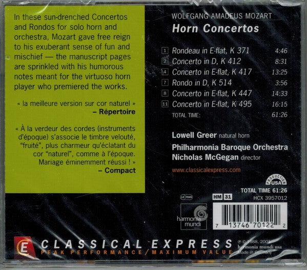Mozart* - Lowell Greer, Philharmonia Baroque Orchestra, Nicholas McGegan : Horn Concertos (CD, Album, RE)