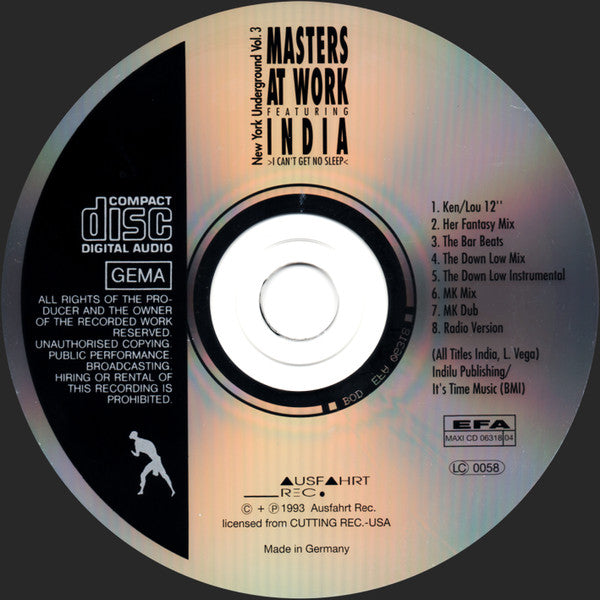 Masters At Work Featuring India : I Can't Get No Sleep (New York Underground Vol. 3) (CD, Maxi)