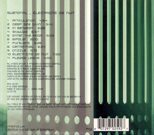 Subtonal : Électricité De Nuit (CD, Album)