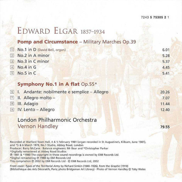 Sir Edward Elgar, London Philharmonic Orchestra, Vernon Handley : Symphony No. 1 In A Flat / Pomp And Circumstance Marches Nos. 1-5 (CD, Comp, RE, RM)