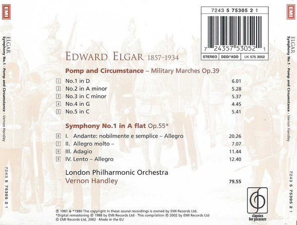 Sir Edward Elgar, London Philharmonic Orchestra, Vernon Handley : Symphony No. 1 In A Flat / Pomp And Circumstance Marches Nos. 1-5 (CD, Comp, RE, RM)