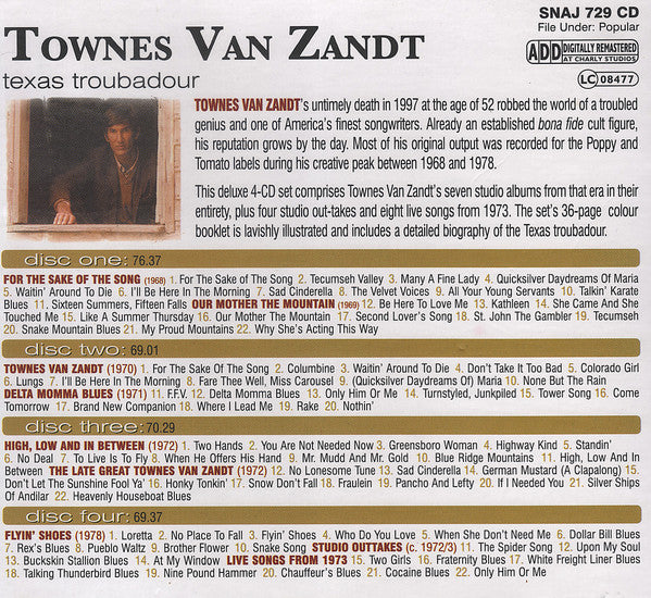 Townes Van Zandt : Texas Troubadour (4xCD, Album, RM, Com + Box, Comp, RE)