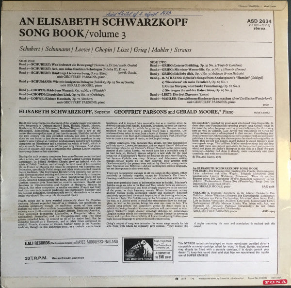 Elisabeth Schwarzkopf : An Elisabeth Schwarzkopf Song Book, Vol. 3 (LP, Album)
